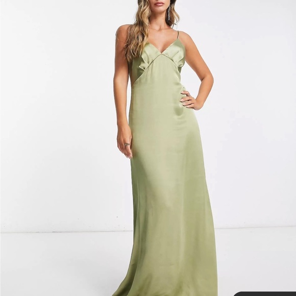 Pretty Lavish Satin Soft Olive Bridesmaid Dress US Size 6 - Picture 4 of 7